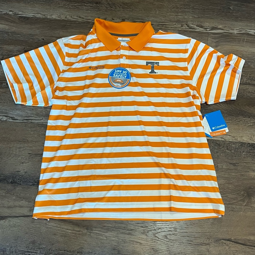 NWT Columbia PFG Orange and White Striped TN Vols Polo Shirt
